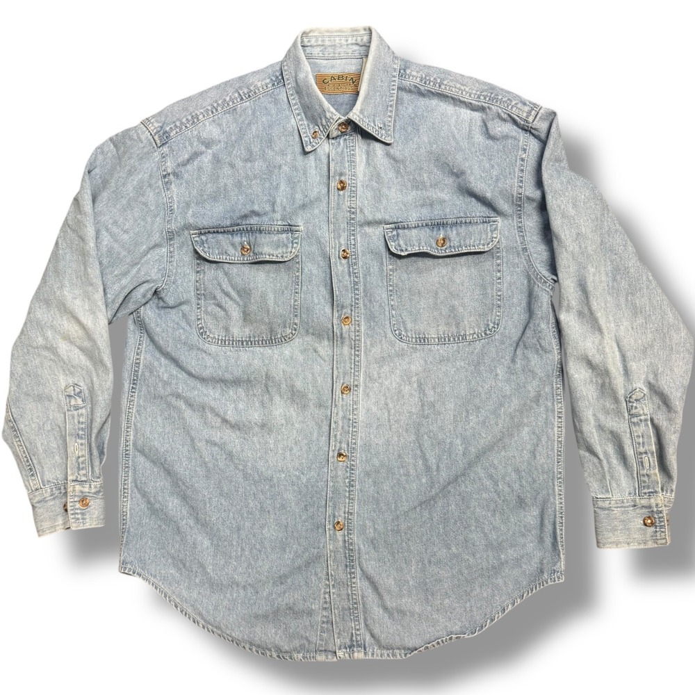 Vintage Denim Work Shirt Mens Small Cabin Essentials Light Wash Button Up
